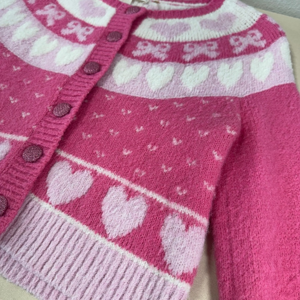 LoveShackFancy Dimples Pink Heart Bow Cropped Cardigan Sweater Size M Coquette - Picture 8 of 15